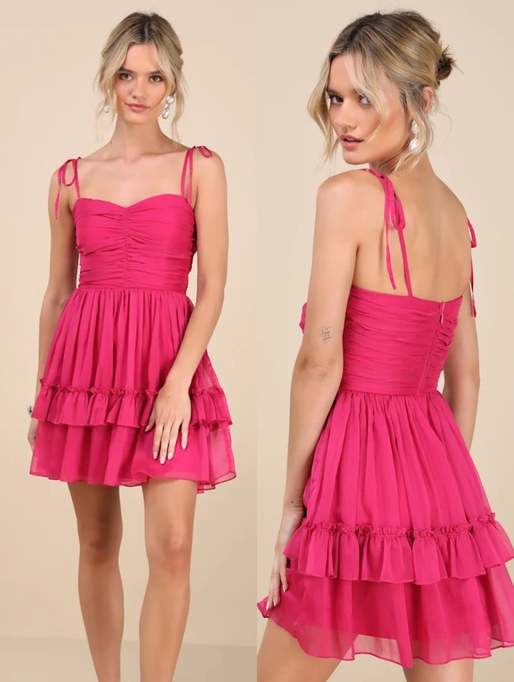 Lulu's Angelic Approach Hot Pink Chiffon Ruffled Tie Strap Mini Dress
